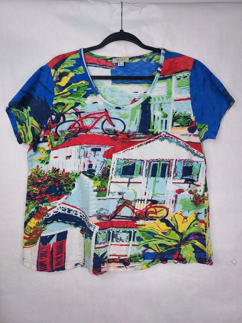 Orientique Naturally Australian Top Blouse Women's XL Abstract Cottage Bicycle
